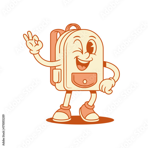 Funky comic schoolbag backpack cartoon character okay gesture isometric vector illustration. Smiling cheerful happy school bag pupil education minimalist mascot winked ok good gesturing