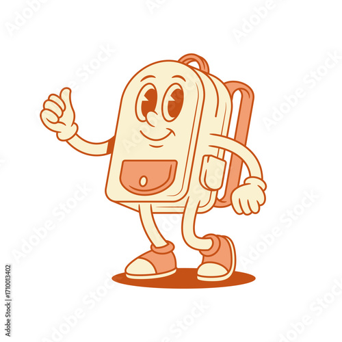 Adorable funny schoolbag backpack cartoon character thumb up isometric vector illustration. Smiling happy cute back to school bag positive minimalist mascot cool good recommend gesture
