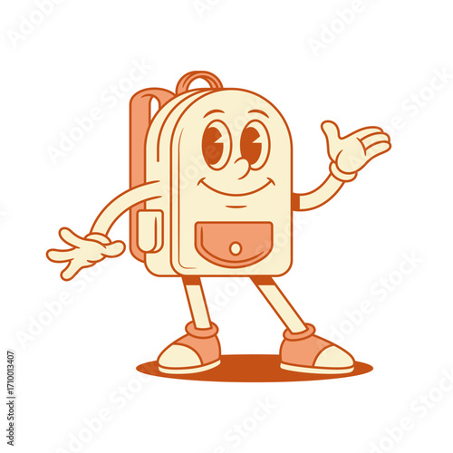 Comic funny schoolbag back to school cartoon character presenting isometric vector illustration. Cheerful smiling backpack bag pupil education minimalist mascot friendly welcome presentation promo