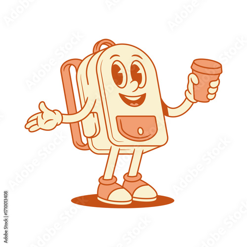 Comic smiling schoolbag back to school cartoon character with coffee isometric vector illustration. Happy cheerful cute backpack bag pupil education studying minimalist mascot morning drink beverage