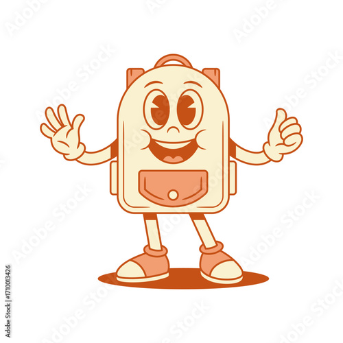 Happy funky schoolbag back to school cartoon character hi hello isometric vector illustration. Smiling cheerful backpack bag pupil education minimalist mascot thumb up cool recommend welcome greeting