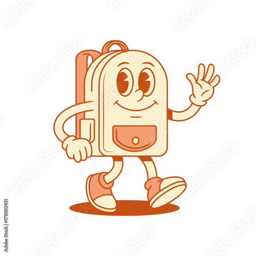 Cute funny schoolbag back to school cartoon character greeting isometric vector illustration. Smiling happy backpack bag pupil education mascot walking having fun welcome hi hello waving hand