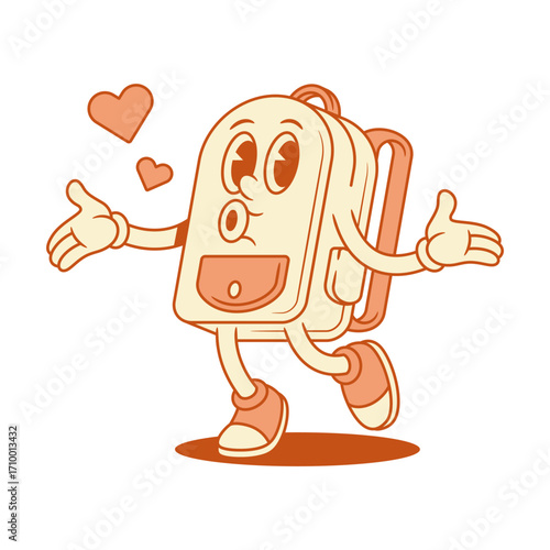 Comic schoolbag back to school cartoon character blowing heart isometric vector illustration. Funny cute backpack bag pupil education studying minimalist mascot love like Saint Valentine's Day
