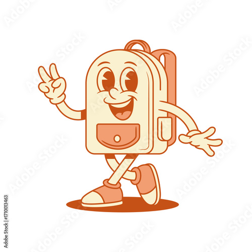 Happy schoolbag back to school cartoon character peace gesture isometric vector illustration. Smiling cute cheerful backpack bag pupil education minimalist mascot friendly greeting good cool positive