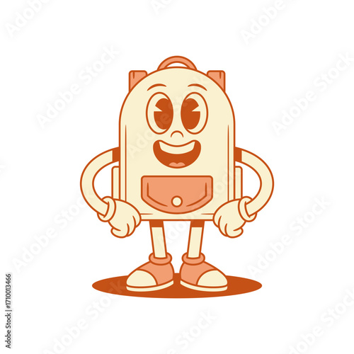 Funny smiling schoolbag back to school cartoon character isometric vector illustration. Happy cheerful backpack bag pupil education studying minimalist mascot standing friendly positive emotion