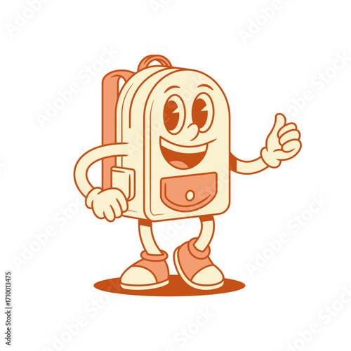 Smiling funny schoolbag back to school cartoon character thumb up isometric vector illustration. Happy cute cheerful backpack bag pupil education minimalist mascot good cool recommend positive emotion