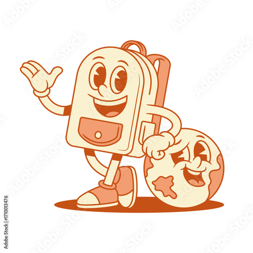 Comic schoolbag and globe cartoon character friends back to school isometric vector illustration. Funny smiling backpack bag geography cartography global map minimalist mascot pupil studying education