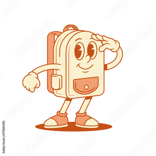 Funny schoolbag back to school cartoon character looking forward isometric vector illustration. Comic smiling backpack bag pupil education minimalist mascot searching trying to find positive emotion