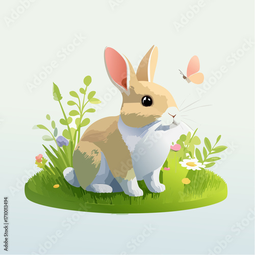 3D Kaninchen, auf grüner Wiese, Frühlingsblumen, weiches Licht, fotorealistisch, niedlich