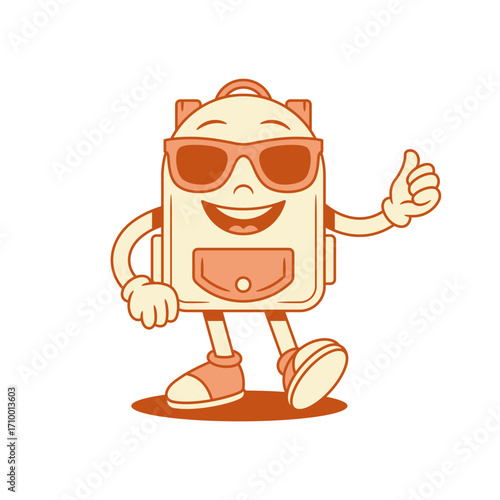 Funny schoolbag back to school cartoon character in sunglasses isometric vector illustration. Smiling cheerful backpack bag pupil education studying minimalist mascot in summer eyeglasses cool good