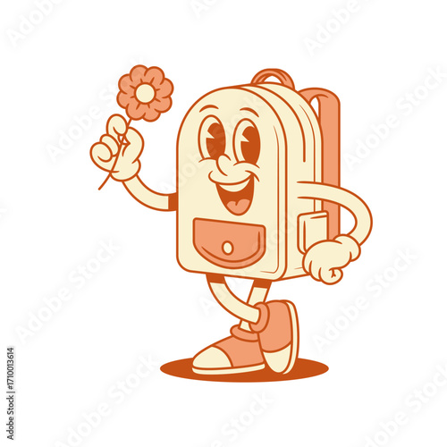 Funny cute schoolbag back to school cartoon character with flower isometric vector illustration. Smiling cheerful backpack bag pupil studying education minimalist mascot happy summer spring chamomile