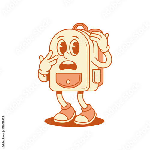 Scared schoolbag back to school cartoon character scary isometric vector illustration. Funny comic backpack bag pupil studying education minimalist mascot shocked surprised negative emotion
