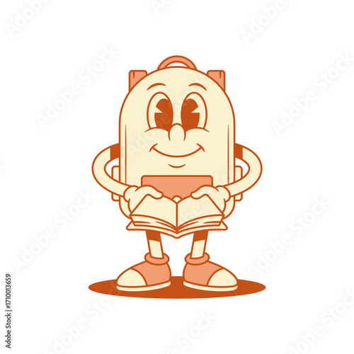 Smiling schoolbag back to school cartoon character with book isometric vector illustration. Happy positive backpack bag pupil studying education minimalist mascot reading textbook literature library