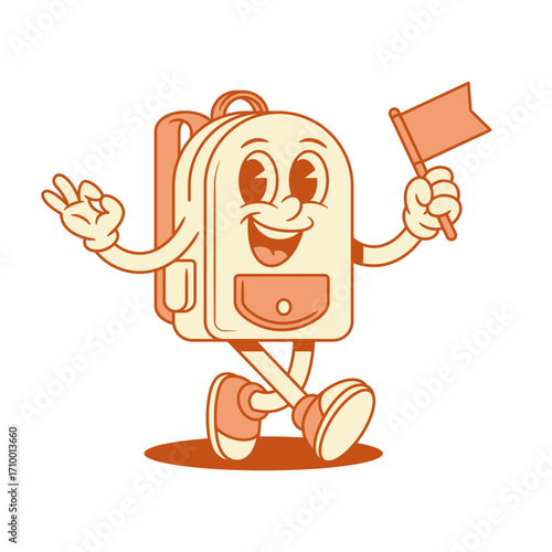 Comic schoolbag back to school cartoon character with flag isometric vector illustration. Smiling cheerful backpack bag pupil education minimalist mascot walking with attention important sign