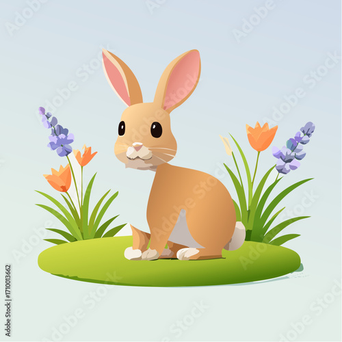3D Kaninchen, auf grüner Wiese, Frühlingsblumen, weiches Licht, fotorealistisch, niedlich