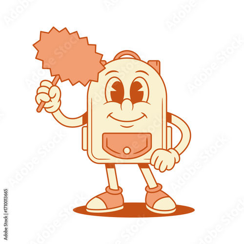Happy schoolbag back to school cartoon character with signboard isometric vector illustration. Smiling cheerful backpack bag pupil education minimalist mascot showing board sale price shopping
