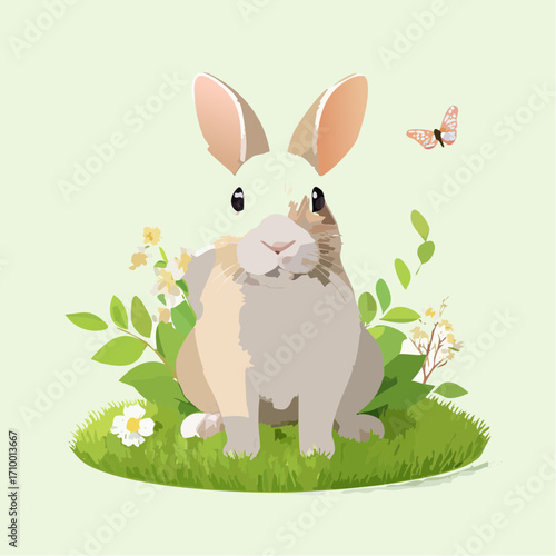 3D Kaninchen, auf grüner Wiese, Frühlingsblumen, weiches Licht, fotorealistisch, niedlich