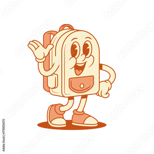 Happy schoolbag back to school cartoon character hello isometric vector illustration. Smiling cute cheerful backpack bag pupil studying minimalist mascot friendly greeting hi positive waving hand