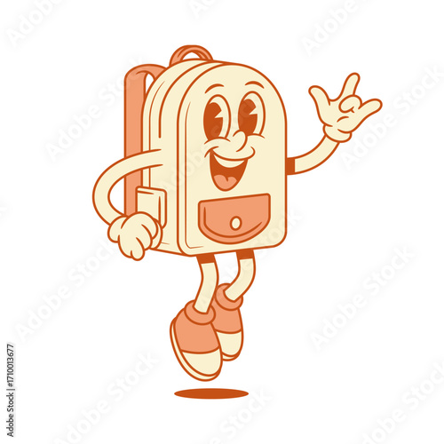 Comic schoolbag back to school cartoon character jumping fun isometric vector illustration. Happy rejoiced backpack bag pupil study education minimalist mascot overjoyed rock gesture positive emotion