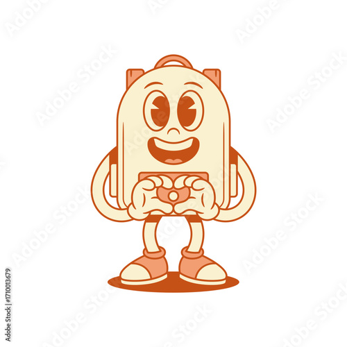 Cute smiling schoolbag back to school cartoon character showing heart isometric vector illustration. Happy cheerful backpack bag pupil education minimalist mascot like love amor enamored gesture