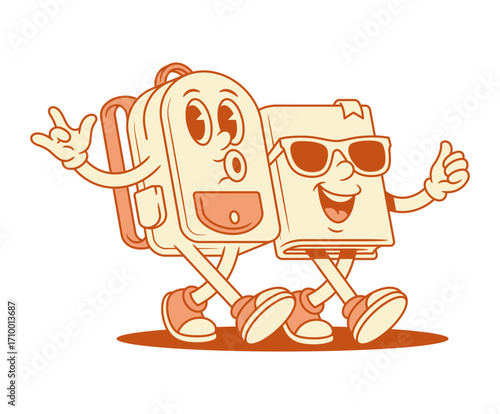 Funny schoolbag and book friends back to school cartoon character isometric vector illustration. Smiling happy backpack bag textbook literature minimalist mascot library education knowledge learning