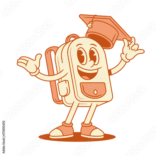 Funky schoolbag back to school cartoon character in graduation cap isometric vector illustration. Smiling happy backpack bag pupil education minimalist mascot wearing graduate bachelor knowledge hat