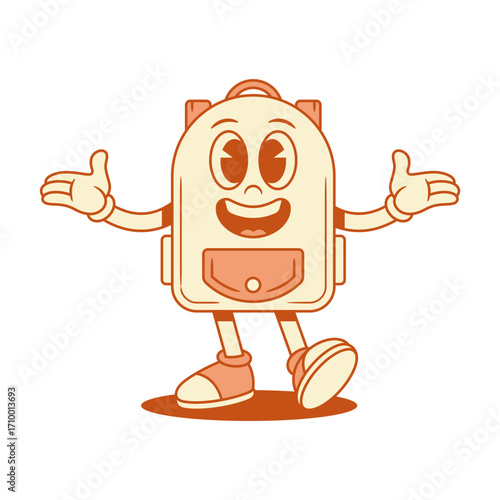 Positive schoolbag back to school cartoon character welcome isometric vector illustration. Smiling happy backpack bag pupil education minimalist mascot friendly greeting overjoyed cheerful emotion