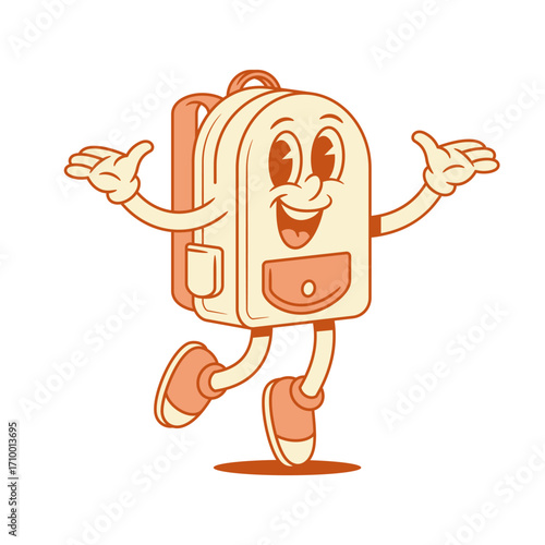 Rejoicing schoolbag back to school cartoon character happy isometric vector illustration. Overjoyed smiling backpack bag pupil education minimalist mascot jumping having fun positive emotion