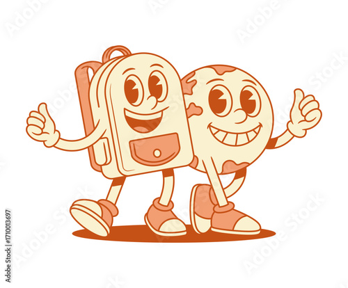 Funny schoolbag and globe friends back to school cartoon character isometric vector illustration. Smiling cheerful backpack bag global Earth map education minimalist mascot science knowledge studying