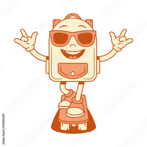 Cool schoolbag back to school cartoon character on skateboard isometric vector illustration. Happy teenage backpack bag pupil education minimalist mascot in sunglasses rock gesture positive emotion