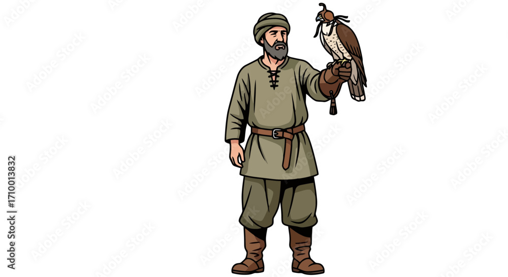 Fototapeta premium A digital illustration of a traditional falconer holding a bird of prey on his gloved hand, showcasing historical Middle Eastern culture and falconry practices for educational purposes