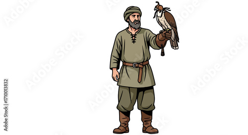 A digital illustration of a traditional falconer holding a bird of prey on his gloved hand, showcasing historical Middle Eastern culture and falconry practices for educational purposes