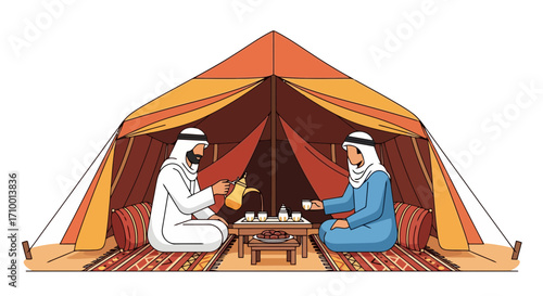 Traditional arabian hospitality illustration featuring a bedouin tent, men serving arabic coffee, and intricate carpet patterns for cultural and travel related designs