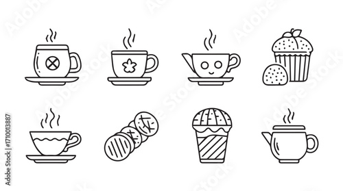 Whimsical hand-drawn coffee and dessert icons featuring cups muffin and teapot for cozy beverage designs silhouette