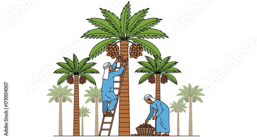 An illustration of traditional date harvesting in the middle east featuring farmers climbing palm trees and collecting dates for agricultural and cultural promotion