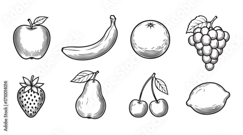Hand drawn engraved style fruits collection apple banana orange grapes strawberry pear cherries lemon silhouette