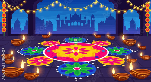 Intricate rangoli art illuminated by diyas, celebrating hinduism and the diwali festival, set against a majestic palace backdrop at night
