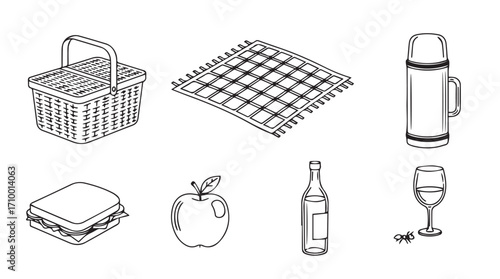 Hand drawn picnic essentials collection featuring basket blanket thermos sandwich apple bottle and wine glass silhouette