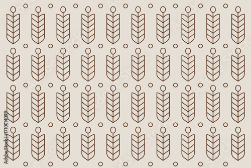 Pattern of stylized wheat stalks with circles in a repeating design on a beige background surface