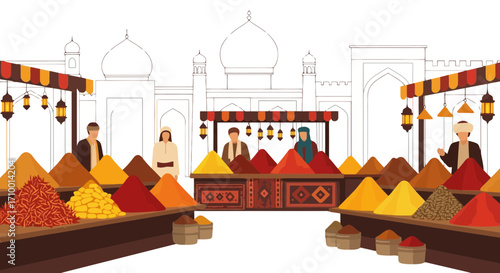 A vibrant spice market scene illustration featuring colorful mounds of spices, traditional middle eastern architecture, and merchants in traditional clothing for cultural tourism and design