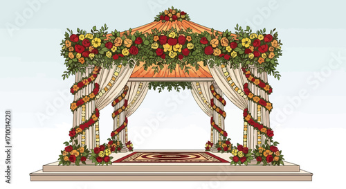A beautifully decorated wedding mandap with vibrant floral arrangements and elegant draping for South Asian wedding ceremony designs and related cultural event decorations
