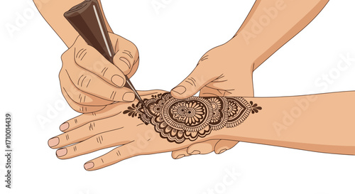 A detailed illustration of a henna artist applying intricate designs to a person's hand for cultural celebrations and artistic expression, showcasing traditional body art