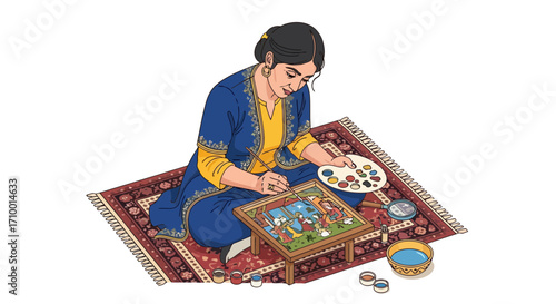 An illustration of a woman artist painting a miniature scene with meticulous detail, seated on a traditional carpet, showcasing cultural heritage and artistic expression