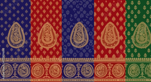 An ornate pattern of paisley motifs in blue, red, and green on fabric, perfect for textile design, apparel, or cultural background applications