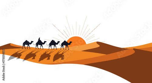 A minimalist desert landscape illustration featuring a camel caravan silhouetted against a rising sun for tourism promotions and travel adventure designs