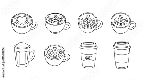 Hand drawn coffee drink collection diverse cups espresso latte cappuccino cafe beverages silhouette