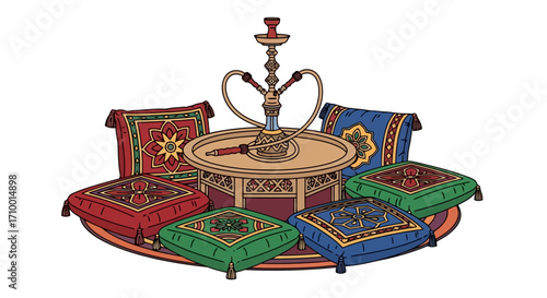 An inviting illustration of a hookah lounge setup with ornate cushions and a decorative water pipe for relaxation and social gatherings, perfect for themed events and cultural experiences.