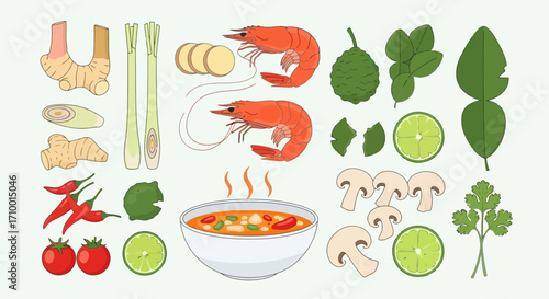 An assortment of fresh ingredients for preparing spicy and sour Thai soup with shrimp, mushrooms, and fragrant herbs for culinary projects