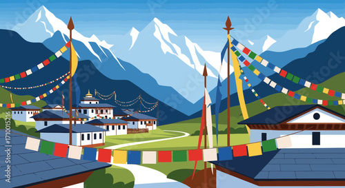 A serene village nestled in the Himalayas with prayer flags fluttering in the wind, set against a backdrop of snow-capped peaks for travel and spiritual inspiration.