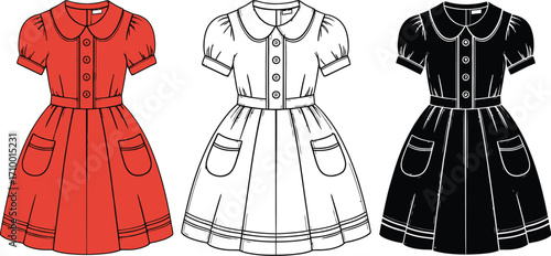 Three simple dresses in red, black, and outline variations showcase classic design with pockets.